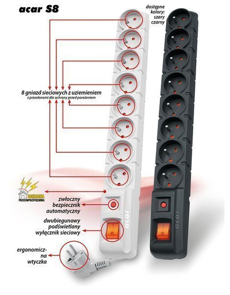 Zabezpieczający filtr przeciwprzepięciowy ACAR S8 DUAL 3m czarny