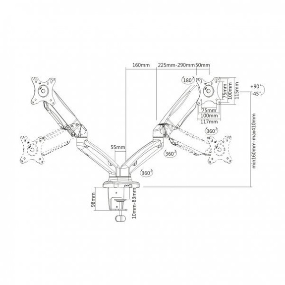 L-16GD - Regulowany uchwyt do 2 monitorów na sprężynie gazowej